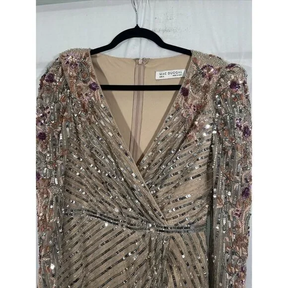 NWT $698 Mac Duggal [ 8 ] 5628 Long Sleeve Embellished Puff Sleeve‎ Gown Nude
